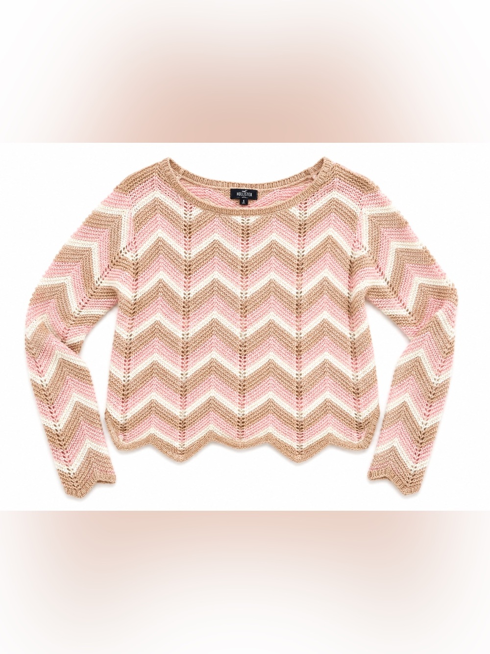 Hollister Pink, Tan & Cream Chevron Open-Knit Sweater